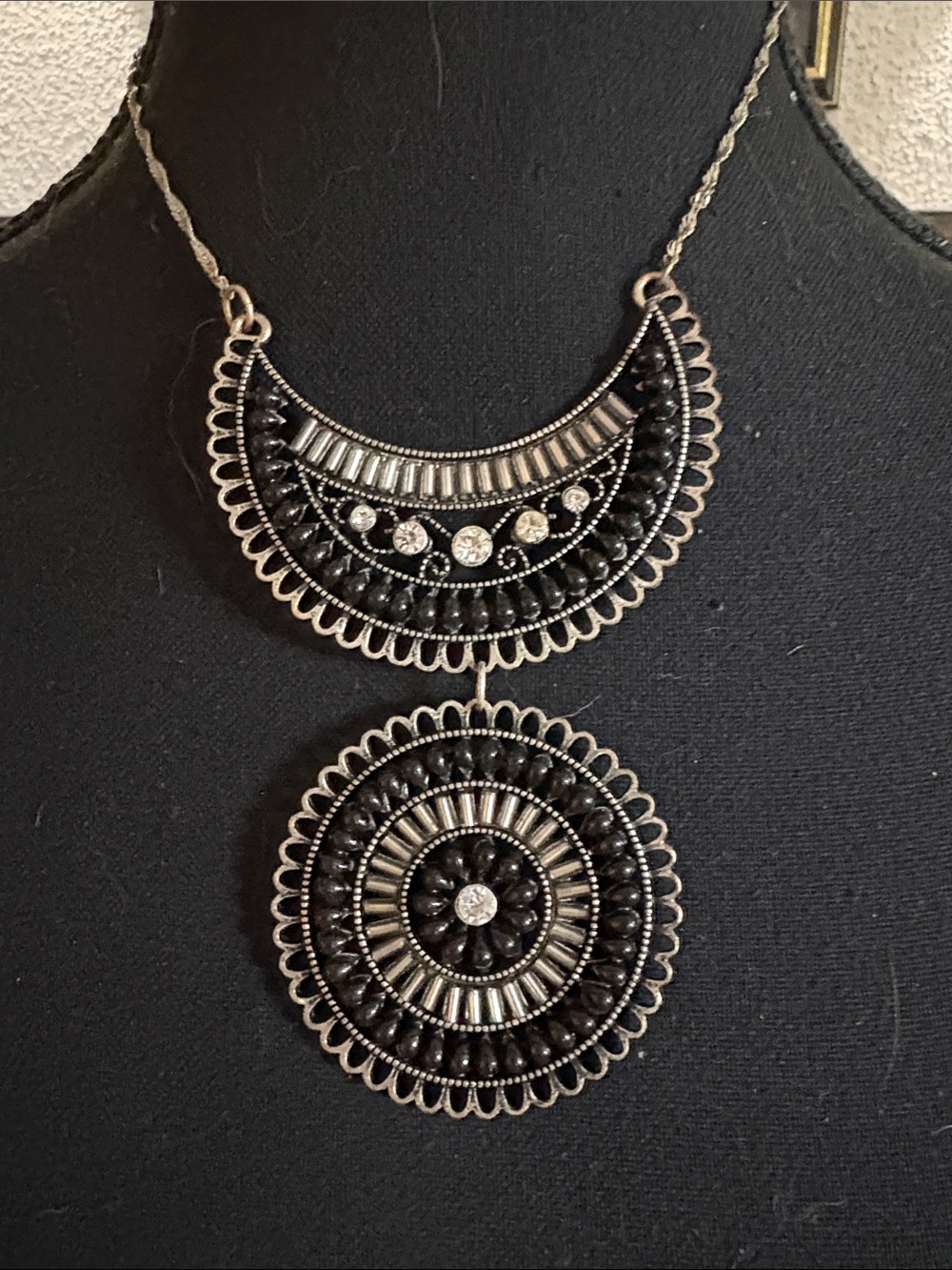 Vintage Black and Silver Double Medallion Necklace - Vintage